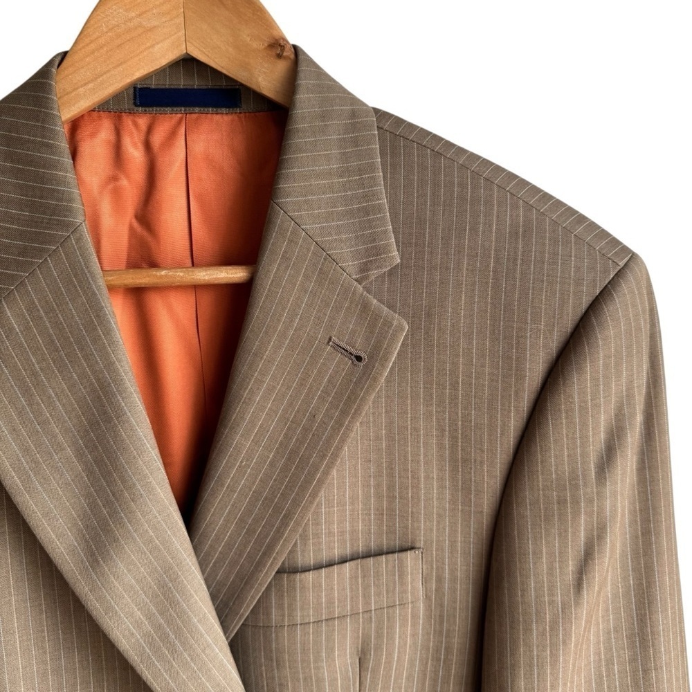Tommy Hilfiger 100% Wool Suit Jacket 40S Beige Stripe Blazer Office Academia EUC